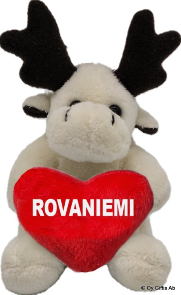 Hirvi sydämellä pehmomagneetti Rovaniemi valkoinen